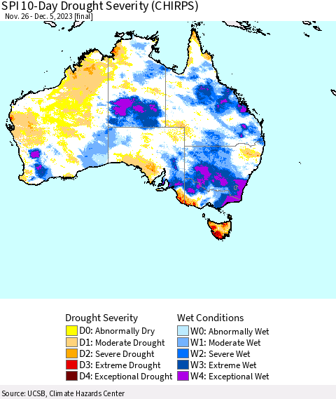 Australia SPI 10-Day Drought Severity (CHIRPS) Thematic Map For 11/26/2023 - 12/5/2023