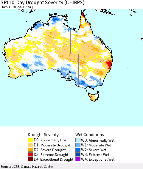 Australia SPI 10-Day Drought Severity (CHIRPS) Thematic Map For 12/1/2023 - 12/10/2023