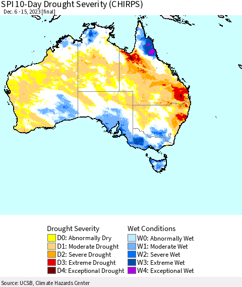 Australia SPI 10-Day Drought Severity (CHIRPS) Thematic Map For 12/6/2023 - 12/15/2023