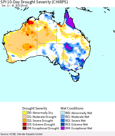 Australia SPI 10-Day Drought Severity (CHIRPS) Thematic Map For 12/11/2023 - 12/20/2023