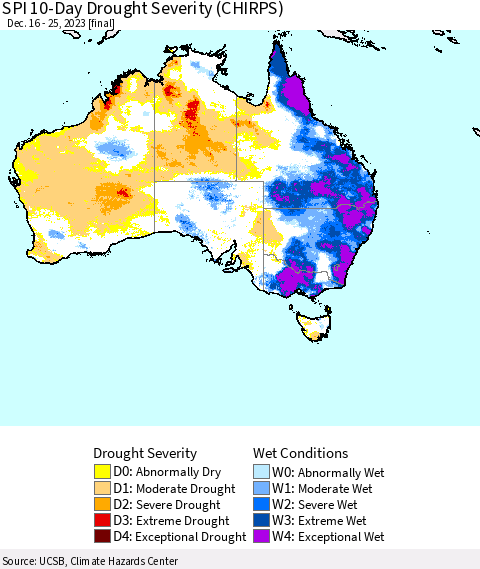 Australia SPI 10-Day Drought Severity (CHIRPS) Thematic Map For 12/16/2023 - 12/25/2023