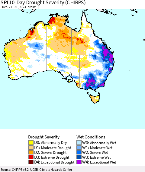 Australia SPI 10-Day Drought Severity (CHIRPS) Thematic Map For 12/21/2023 - 12/31/2023