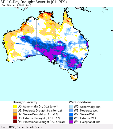 Australia SPI 10-Day Drought Severity (CHIRPS) Thematic Map For 12/26/2023 - 1/5/2024