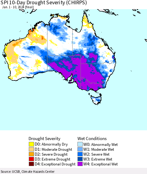 Australia SPI 10-Day Drought Severity (CHIRPS) Thematic Map For 1/1/2024 - 1/10/2024