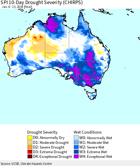 Australia SPI 10-Day Drought Severity (CHIRPS) Thematic Map For 1/6/2024 - 1/15/2024