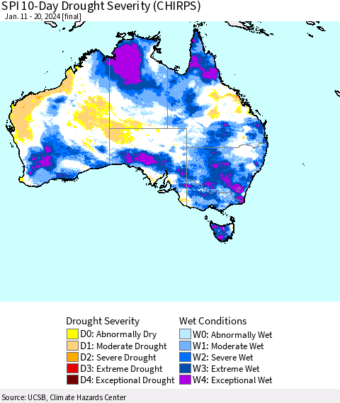 Australia SPI 10-Day Drought Severity (CHIRPS) Thematic Map For 1/11/2024 - 1/20/2024