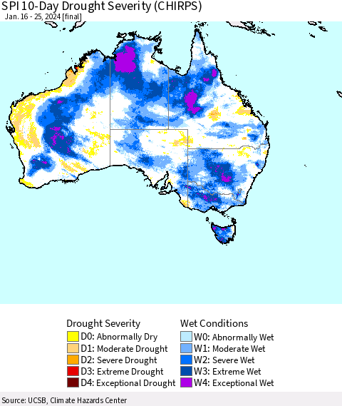 Australia SPI 10-Day Drought Severity (CHIRPS) Thematic Map For 1/16/2024 - 1/25/2024
