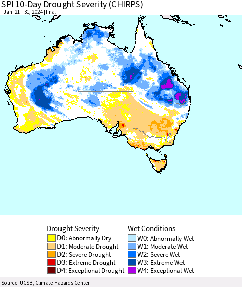 Australia SPI 10-Day Drought Severity (CHIRPS) Thematic Map For 1/21/2024 - 1/31/2024