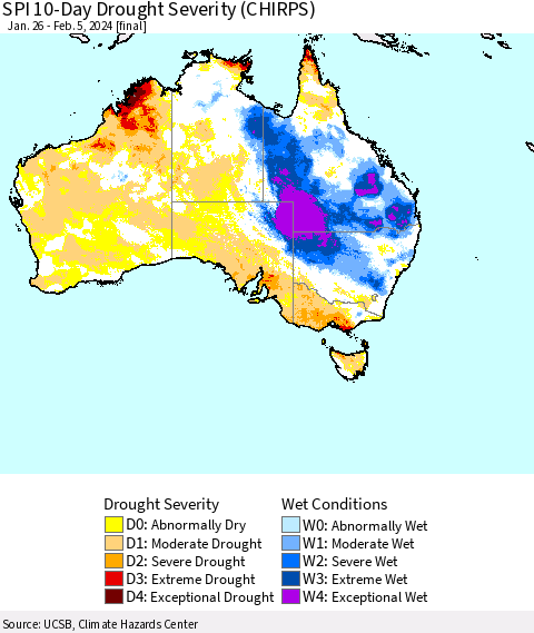 Australia SPI 10-Day Drought Severity (CHIRPS) Thematic Map For 1/26/2024 - 2/5/2024