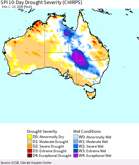 Australia SPI 10-Day Drought Severity (CHIRPS) Thematic Map For 2/1/2024 - 2/10/2024