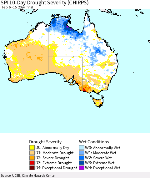 Australia SPI 10-Day Drought Severity (CHIRPS) Thematic Map For 2/6/2024 - 2/15/2024