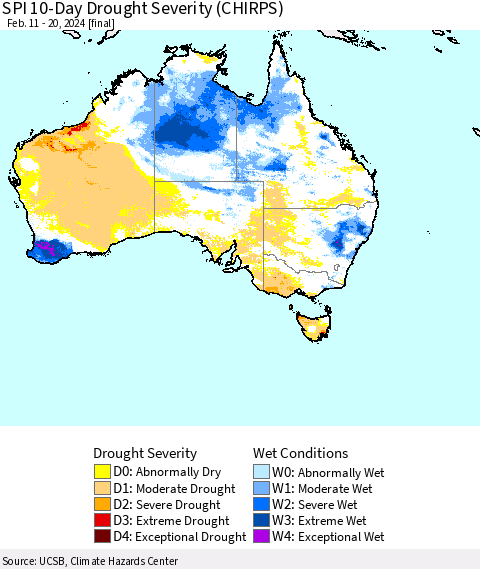 Australia SPI 10-Day Drought Severity (CHIRPS) Thematic Map For 2/11/2024 - 2/20/2024