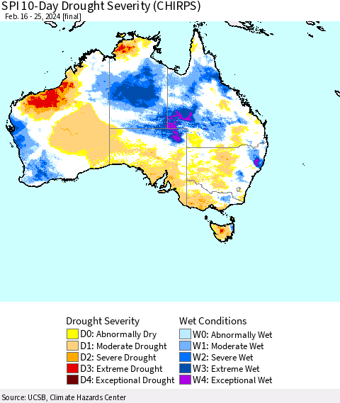 Australia SPI 10-Day Drought Severity (CHIRPS) Thematic Map For 2/16/2024 - 2/25/2024