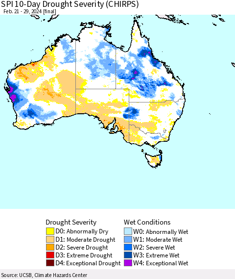 Australia SPI 10-Day Drought Severity (CHIRPS) Thematic Map For 2/21/2024 - 2/29/2024