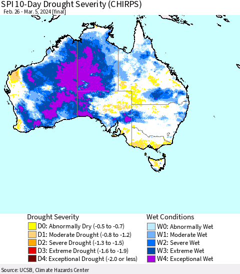 Australia SPI 10-Day Drought Severity (CHIRPS) Thematic Map For 2/26/2024 - 3/5/2024