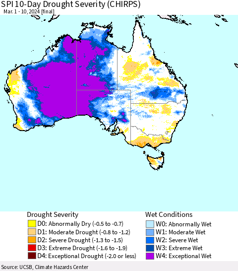 Australia SPI 10-Day Drought Severity (CHIRPS) Thematic Map For 3/1/2024 - 3/10/2024