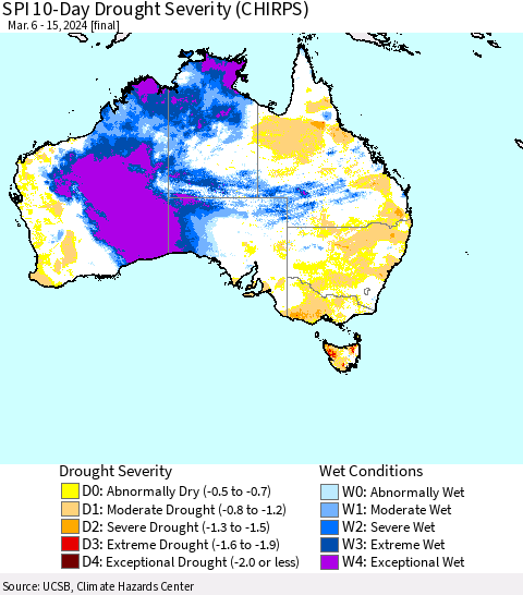 Australia SPI 10-Day Drought Severity (CHIRPS) Thematic Map For 3/6/2024 - 3/15/2024