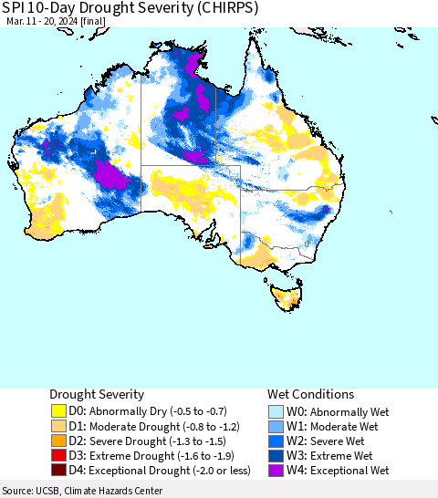 Australia SPI 10-Day Drought Severity (CHIRPS) Thematic Map For 3/11/2024 - 3/20/2024
