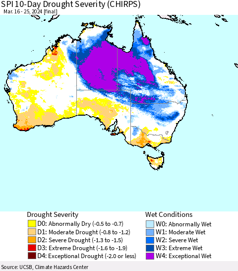 Australia SPI 10-Day Drought Severity (CHIRPS) Thematic Map For 3/16/2024 - 3/25/2024
