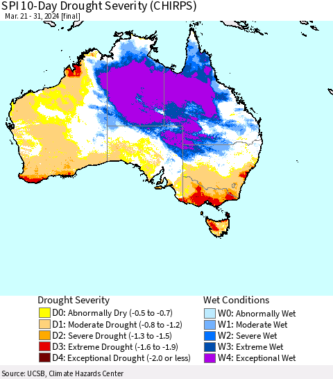 Australia SPI 10-Day Drought Severity (CHIRPS) Thematic Map For 3/21/2024 - 3/31/2024