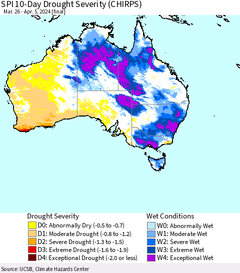 Australia SPI 10-Day Drought Severity (CHIRPS) Thematic Map For 3/26/2024 - 4/5/2024