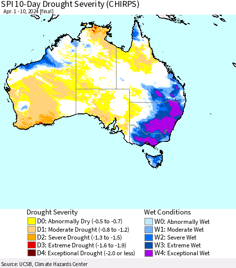 Australia SPI 10-Day Drought Severity (CHIRPS) Thematic Map For 4/1/2024 - 4/10/2024