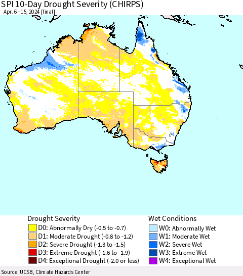 Australia SPI 10-Day Drought Severity (CHIRPS) Thematic Map For 4/6/2024 - 4/15/2024