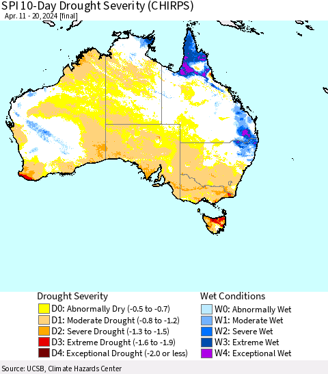 Australia SPI 10-Day Drought Severity (CHIRPS) Thematic Map For 4/11/2024 - 4/20/2024