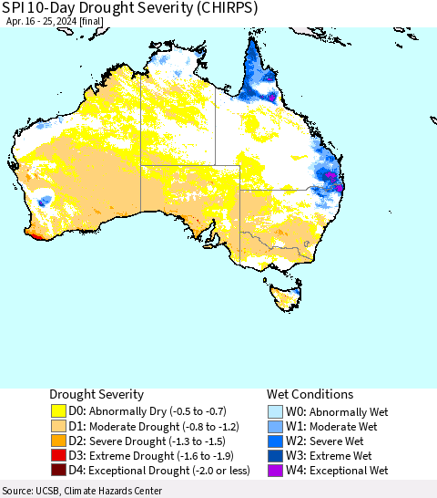 Australia SPI 10-Day Drought Severity (CHIRPS) Thematic Map For 4/16/2024 - 4/25/2024