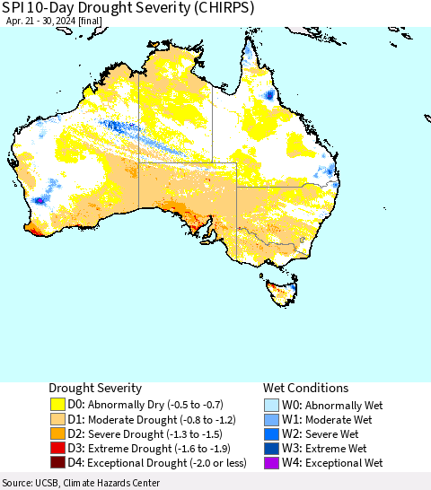 Australia SPI 10-Day Drought Severity (CHIRPS) Thematic Map For 4/21/2024 - 4/30/2024
