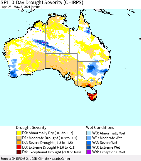 Australia SPI 10-Day Drought Severity (CHIRPS) Thematic Map For 4/26/2024 - 5/5/2024
