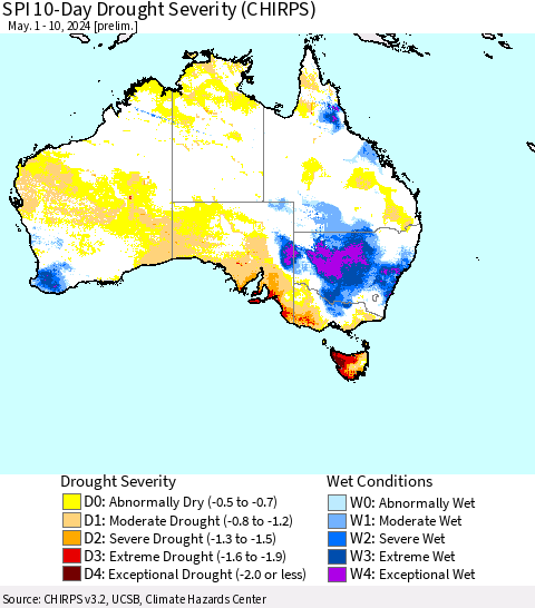 Australia SPI 10-Day Drought Severity (CHIRPS) Thematic Map For 5/1/2024 - 5/10/2024