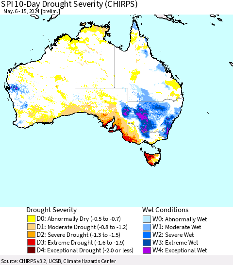 Australia SPI 10-Day Drought Severity (CHIRPS) Thematic Map For 5/6/2024 - 5/15/2024