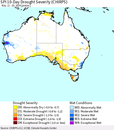 Australia SPI 10-Day Drought Severity (CHIRPS) Thematic Map For 5/11/2024 - 5/20/2024