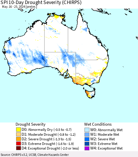 Australia SPI 10-Day Drought Severity (CHIRPS) Thematic Map For 5/16/2024 - 5/25/2024