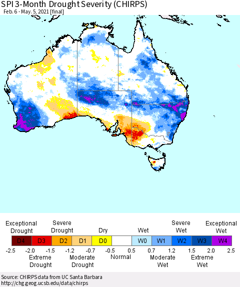 Australia SPI 3-Month Drought Severity (CHIRPS) Thematic Map For 2/6/2021 - 5/5/2021
