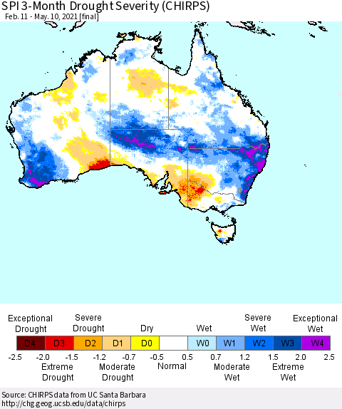 Australia SPI 3-Month Drought Severity (CHIRPS) Thematic Map For 2/11/2021 - 5/10/2021