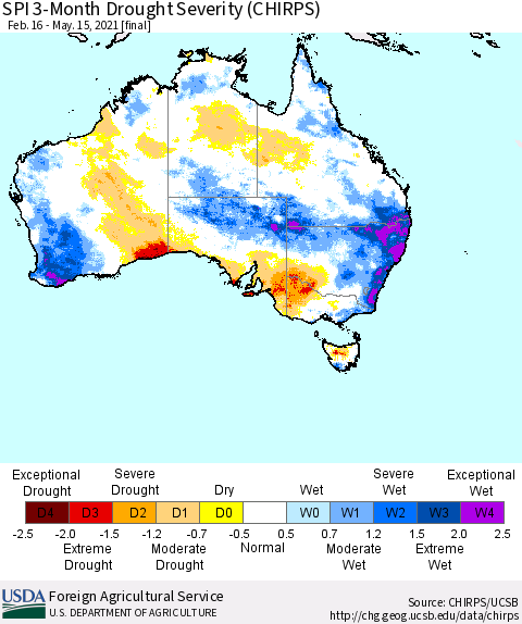 Australia SPI 3-Month Drought Severity (CHIRPS) Thematic Map For 2/16/2021 - 5/15/2021