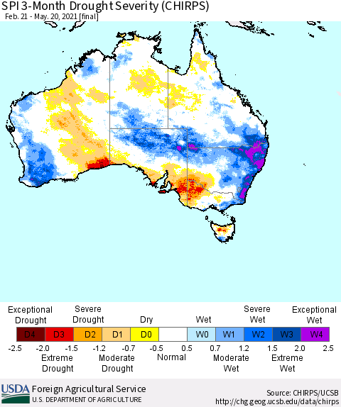 Australia SPI 3-Month Drought Severity (CHIRPS) Thematic Map For 2/21/2021 - 5/20/2021