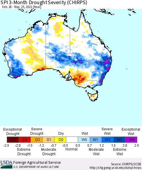 Australia SPI 3-Month Drought Severity (CHIRPS) Thematic Map For 2/26/2021 - 5/25/2021