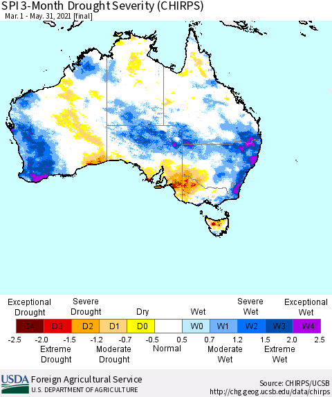 Australia SPI 3-Month Drought Severity (CHIRPS) Thematic Map For 3/1/2021 - 5/31/2021