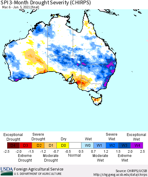 Australia SPI 3-Month Drought Severity (CHIRPS) Thematic Map For 3/6/2021 - 6/5/2021