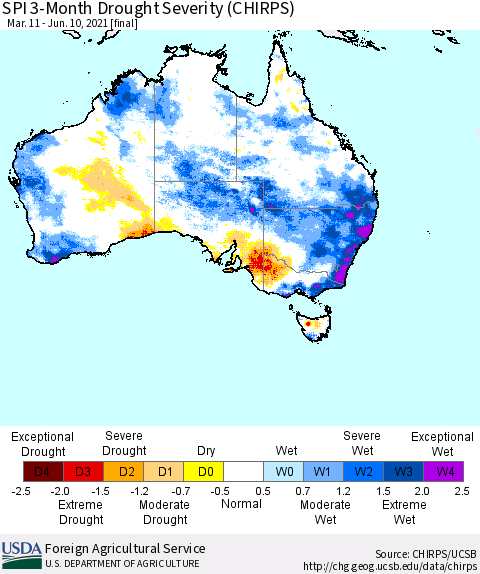 Australia SPI 3-Month Drought Severity (CHIRPS) Thematic Map For 3/11/2021 - 6/10/2021