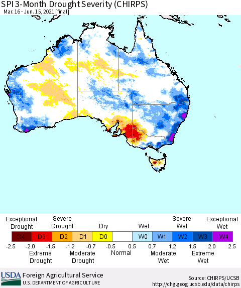 Australia SPI 3-Month Drought Severity (CHIRPS) Thematic Map For 3/16/2021 - 6/15/2021