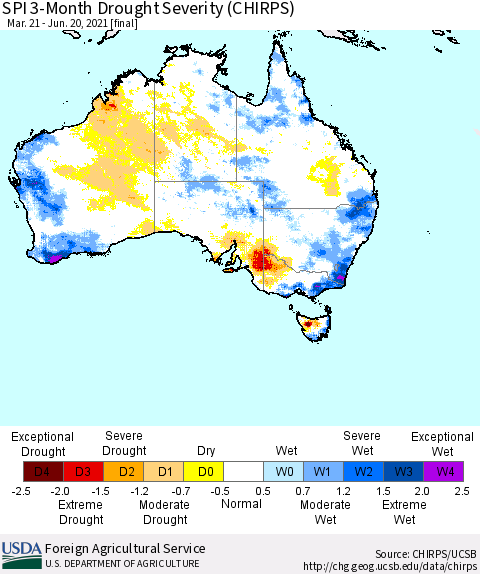 Australia SPI 3-Month Drought Severity (CHIRPS) Thematic Map For 3/21/2021 - 6/20/2021