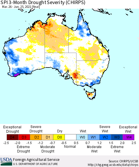 Australia SPI 3-Month Drought Severity (CHIRPS) Thematic Map For 3/26/2021 - 6/25/2021