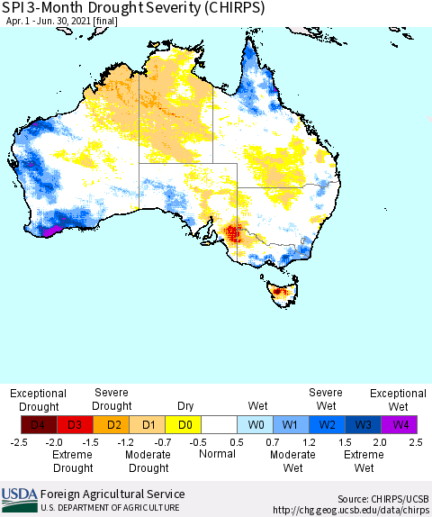 Australia SPI 3-Month Drought Severity (CHIRPS) Thematic Map For 4/1/2021 - 6/30/2021