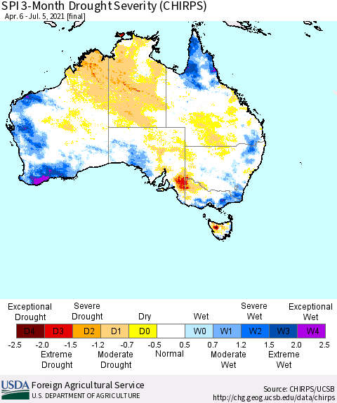 Australia SPI 3-Month Drought Severity (CHIRPS) Thematic Map For 4/6/2021 - 7/5/2021