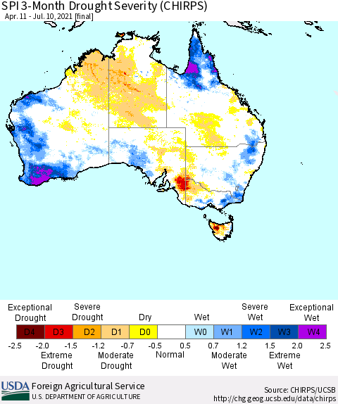 Australia SPI 3-Month Drought Severity (CHIRPS) Thematic Map For 4/11/2021 - 7/10/2021
