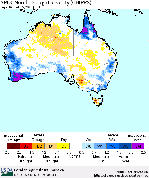 Australia SPI 3-Month Drought Severity (CHIRPS) Thematic Map For 4/16/2021 - 7/15/2021